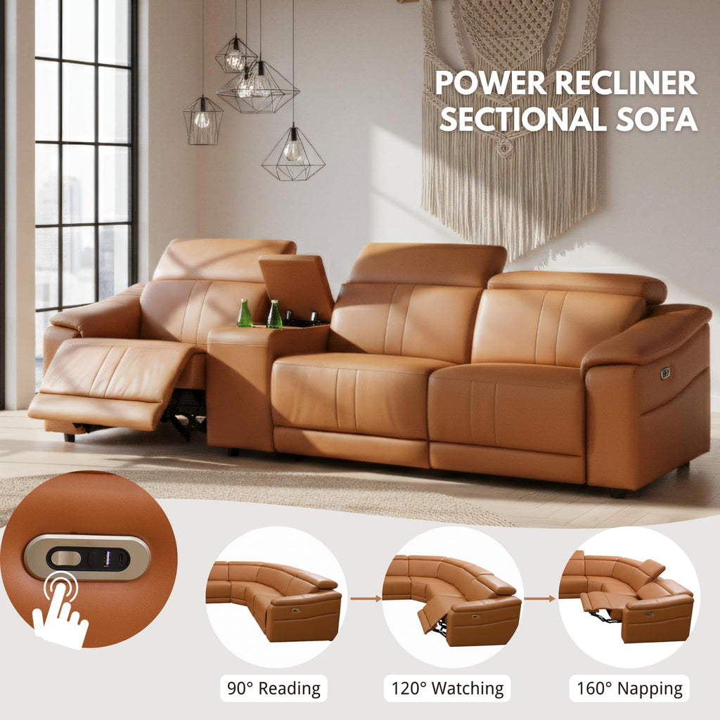 Breathing Leather Recliner Sectional Sofa, 5-Seat Power Reclining Sectional Couch with Adjustable Headrest&Storage