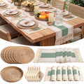 6 Sets Boho Table Runner and Woven Round Placemats Set, Green, 12x72