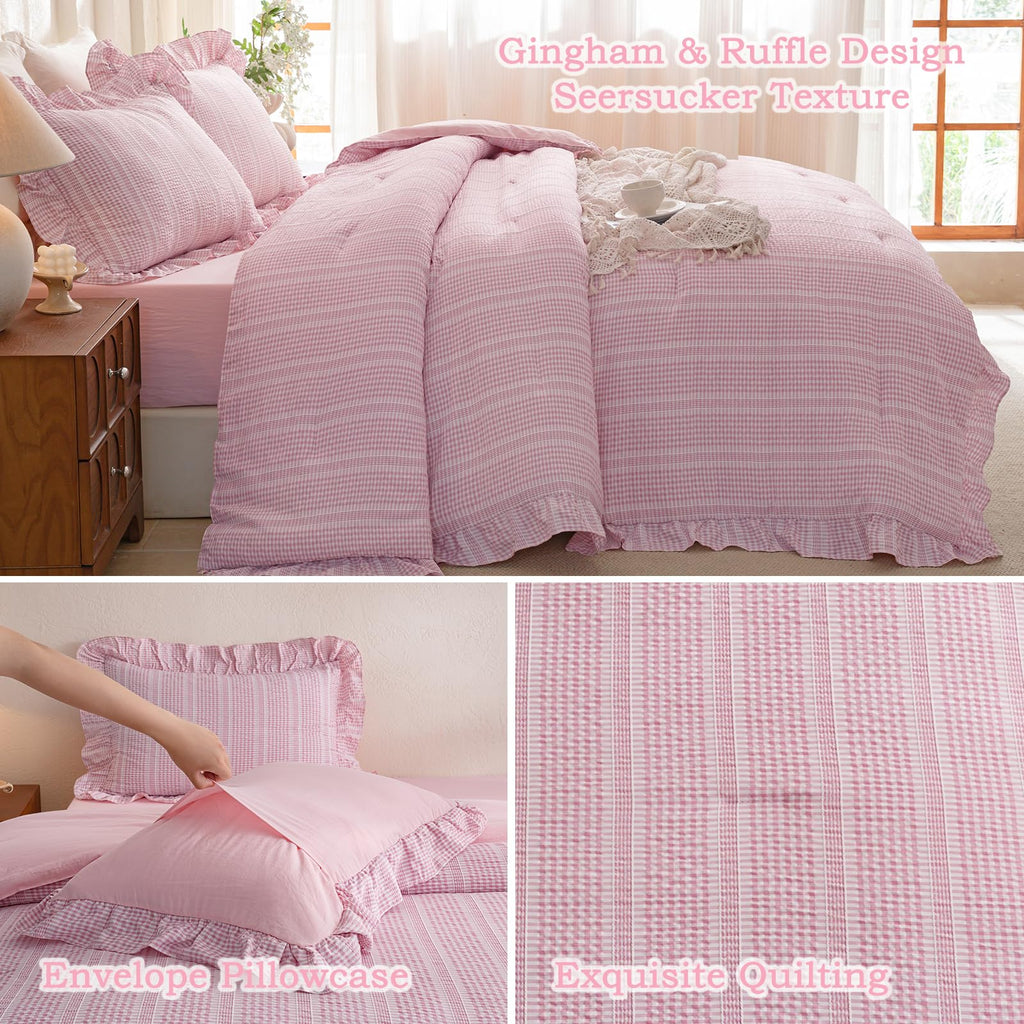 Gingham Comforter Set Pink Seersucker Ruffle Bedding Set