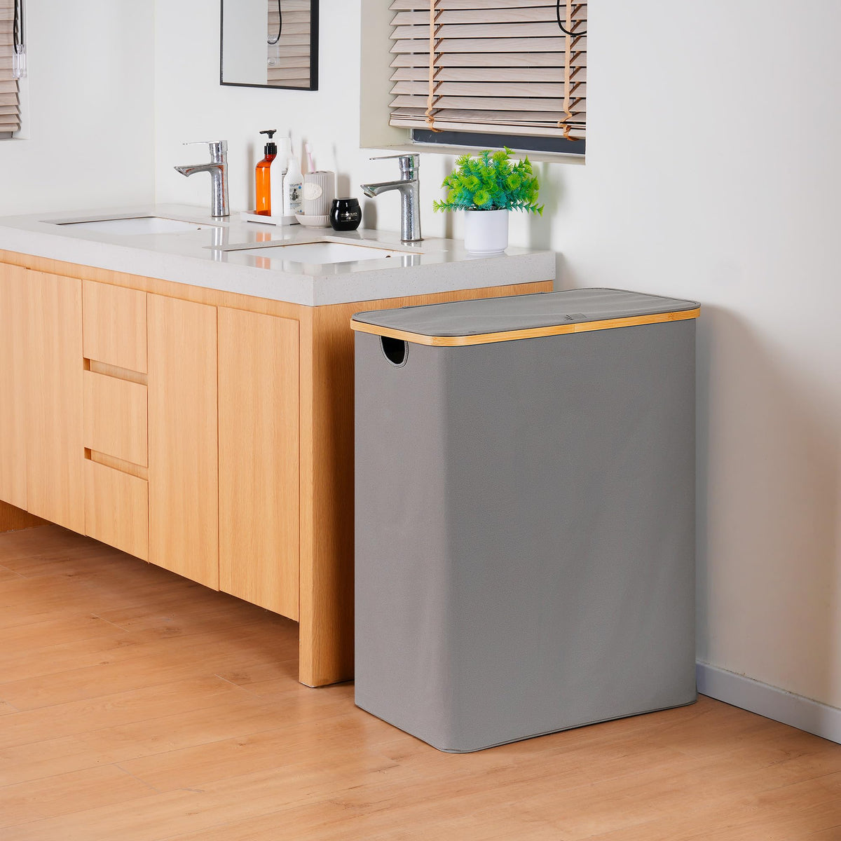 Laundry Hamper 3 Section with lid and 3 Removable Bags, Silver Grey