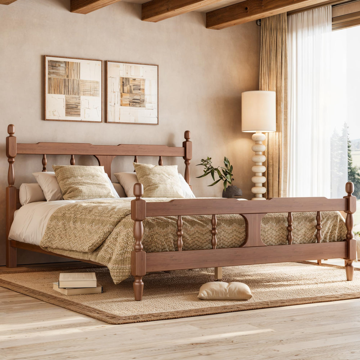 Queen Vintage Wood Spindle Post Bed, Bamboo Platform Bed, Brown
