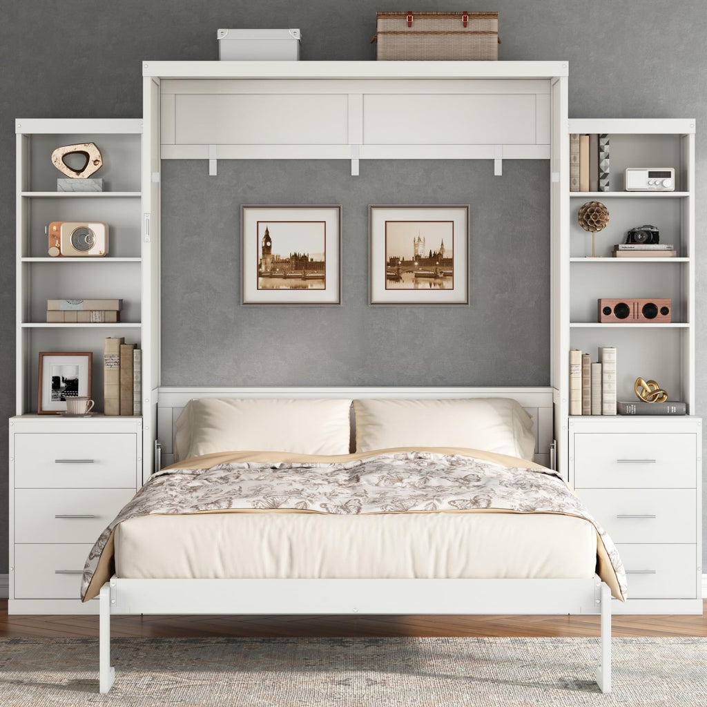 Full Murphy Bed with Storage Shelves and Drawers, Solid Wood Foldable Hidden Murphy Wall Bed with Storage Bookcase