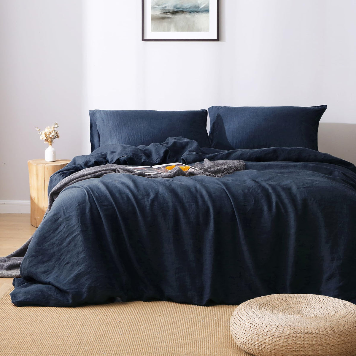 100% Organic Linen Duvet Cover Set, Stonewashed French Flax Bedding Set 3pcs, 1 Comforter Cover+2