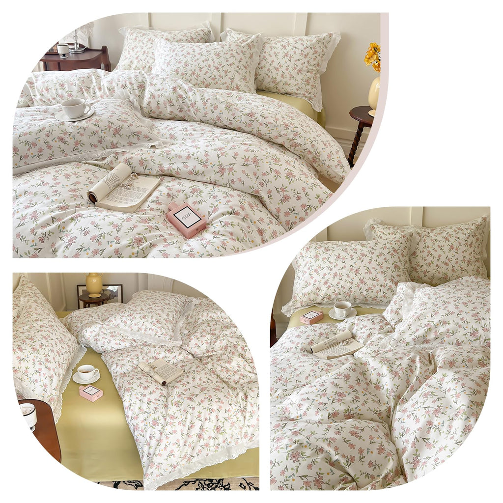 Girls Floral Ruffle Bedding Pink Flower Duvet Cover Queen Romantic Princess Lace Comforter Cover Cotton Boho Floral