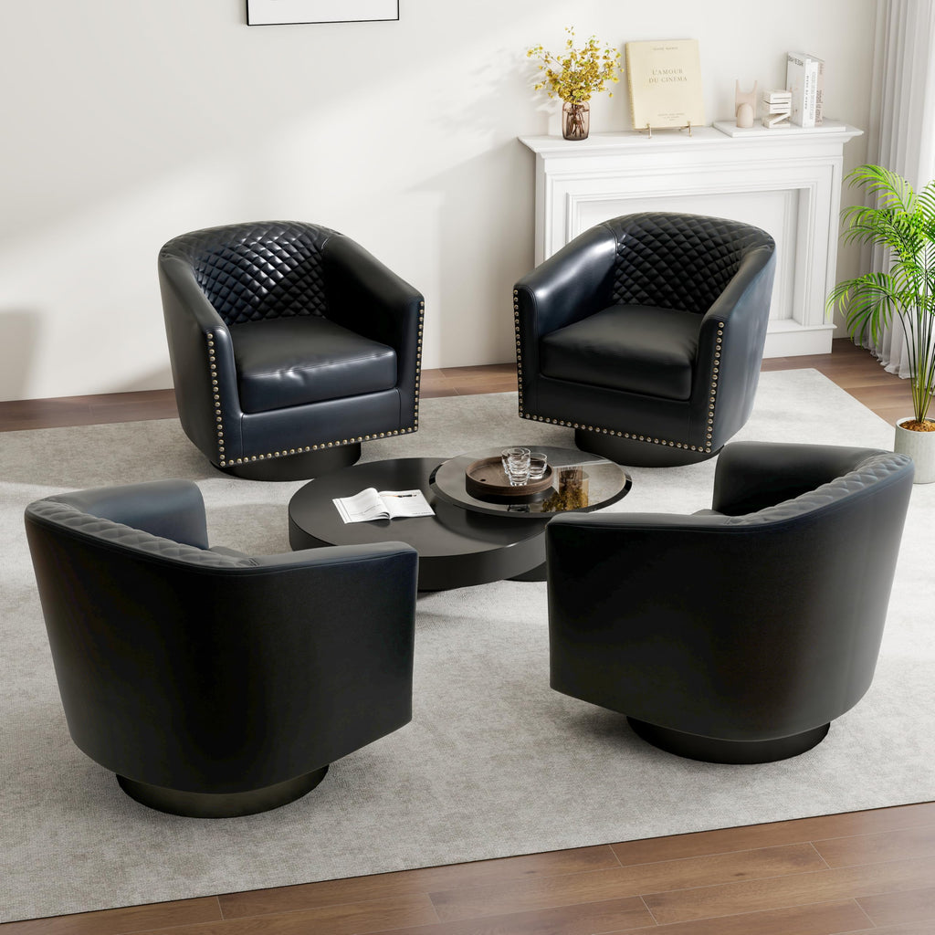 Faux Leather Swivel Accent Chairs Set of 4, Barrel Club Armchair, Black