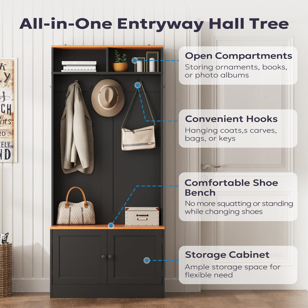 Entryway Hall Tree with Bench and Storage, 5-in-1 Farmhouse Coat Rack with 7 Hooks, Bench with Coat Rack with Storage