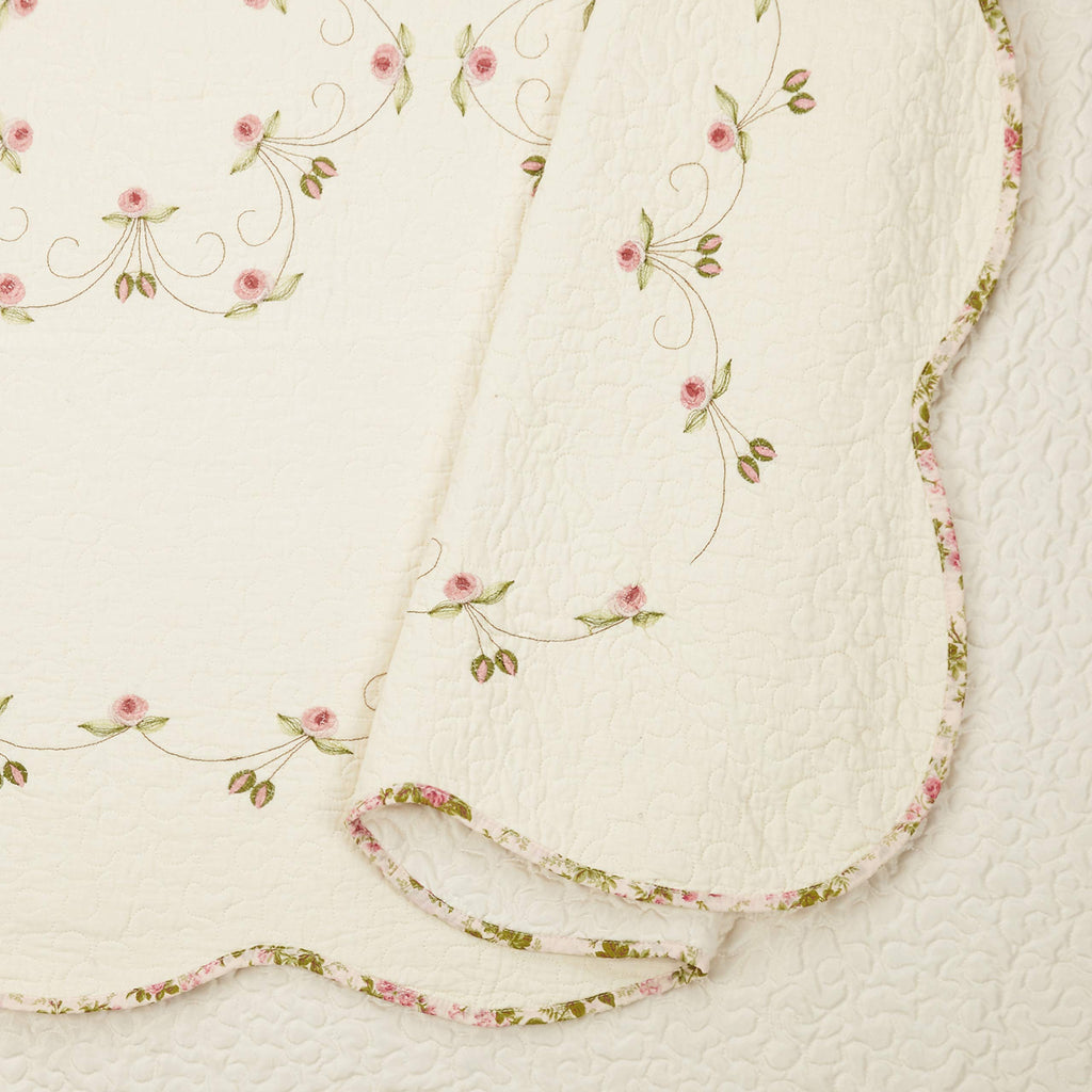 Felisa Embroidered Floral Quilt Set - 3 Piece Cotton Vintage Pink Ivory Scalloped Coverlet with 2