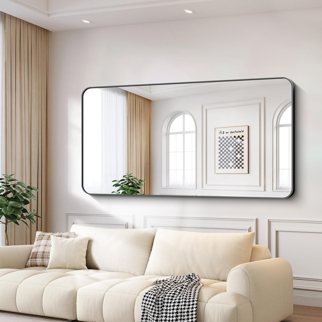 Large Bathroom Mirror 72x36 Inches, Black Oversized Wall Mirror for 2 Sinks Aluminum Frame Full Length Rounded Corner