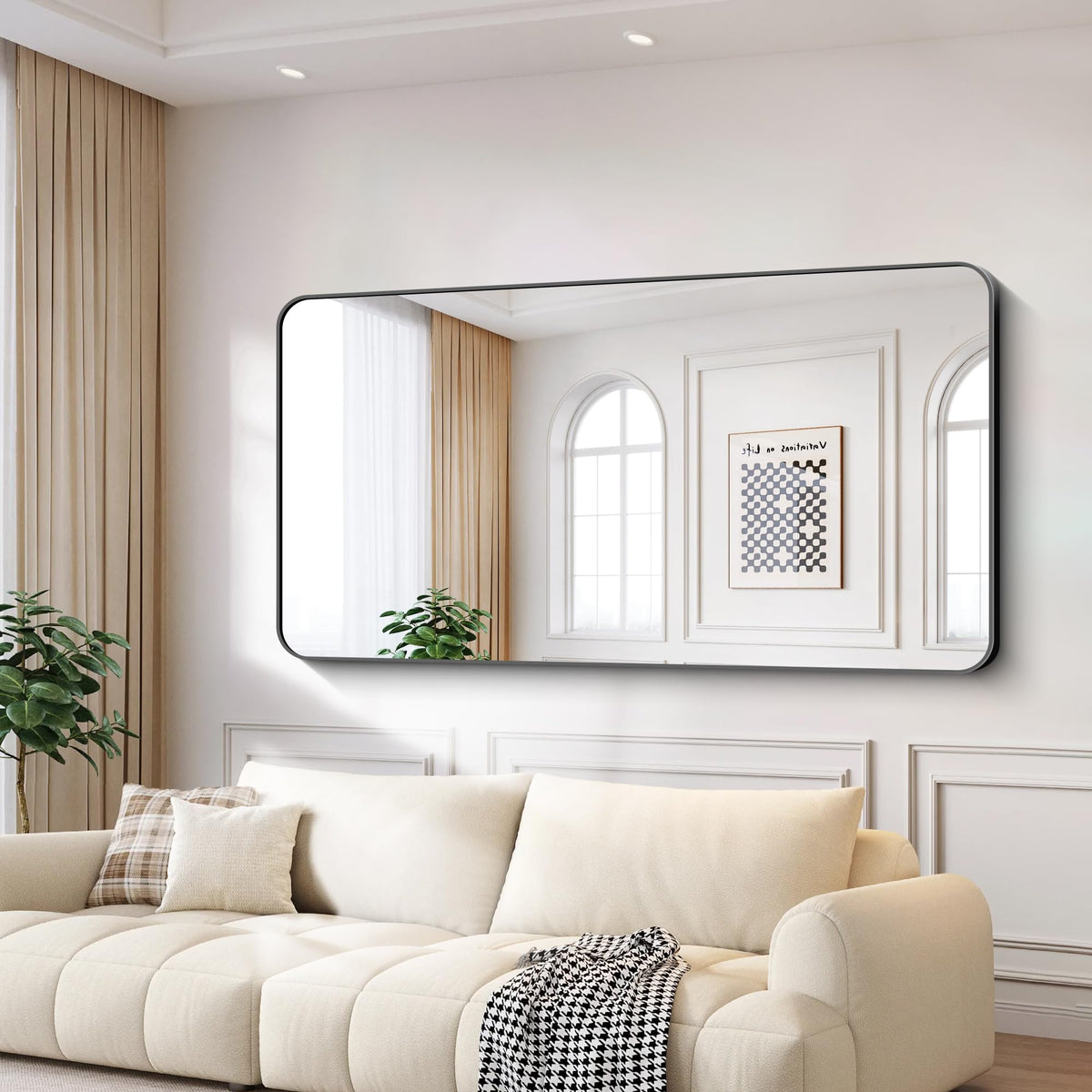 Large Bathroom Mirror 72x36 Inches, Black Oversized Wall Mirror for 2 Sinks Aluminum Frame Full Length Rounded Corner