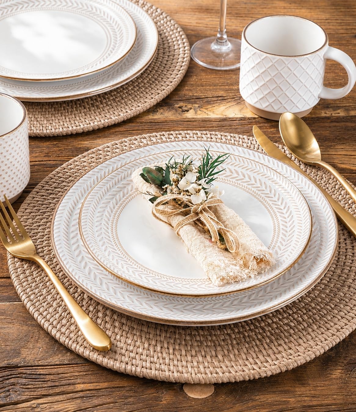 Stoneware Dinnerware Set for 4, 12 Piece Farmhouse Dishes Set