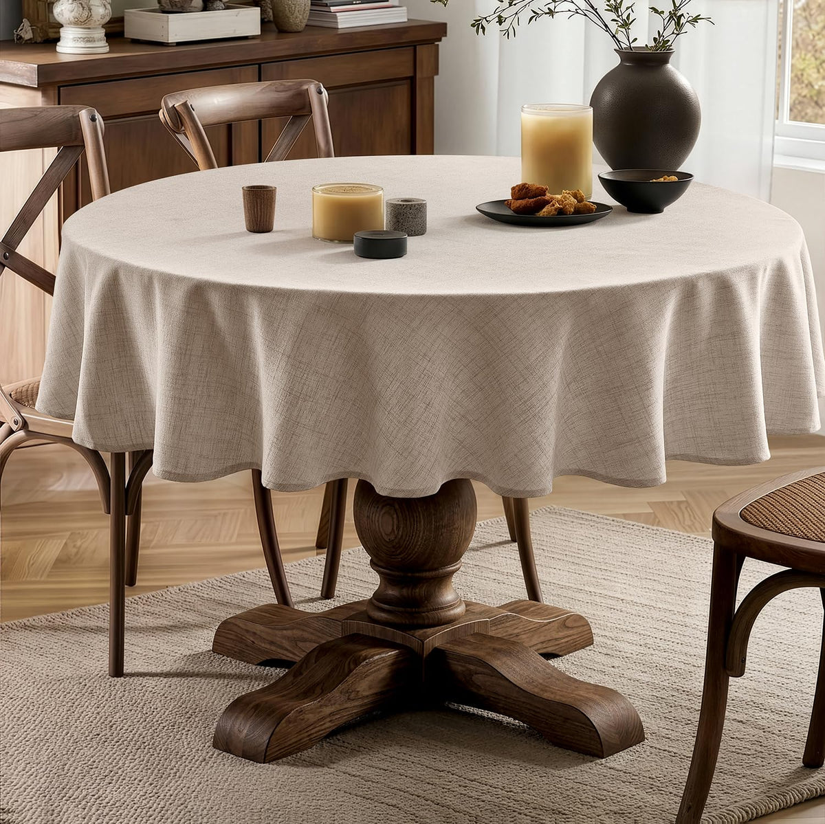 Linen Textured 70 Inch Round Tablecloth Ivory