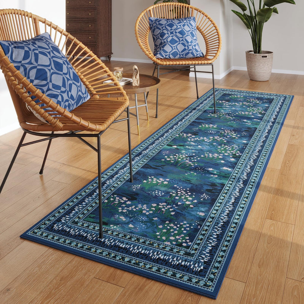 Runner Rug Washable Vintage Impressionist-Style, Blue