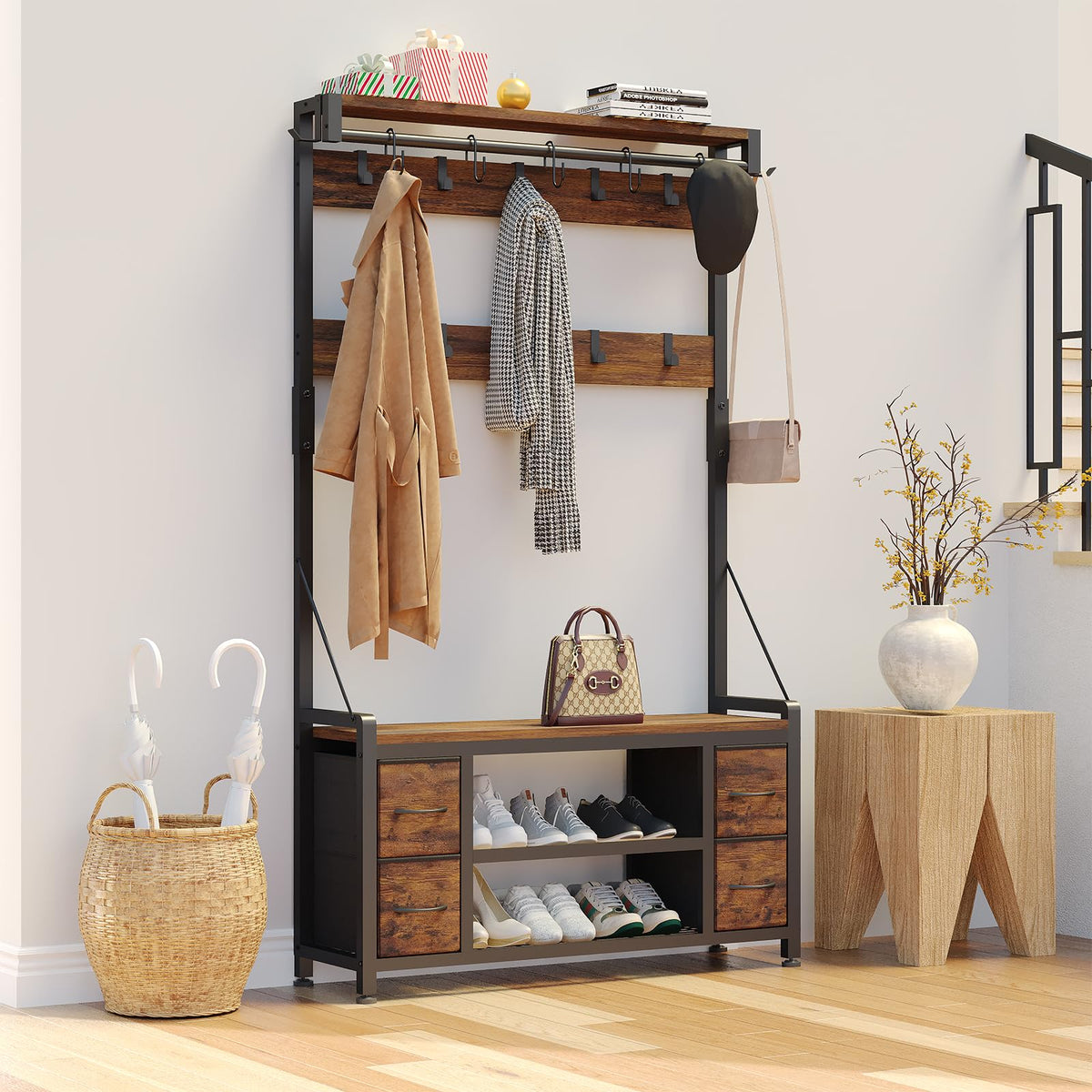 39" Hall Tree with Storage Coat Rack freestanding Entryway Furniture Bench, 5 in 1 Design Front Door Shoe Rack and