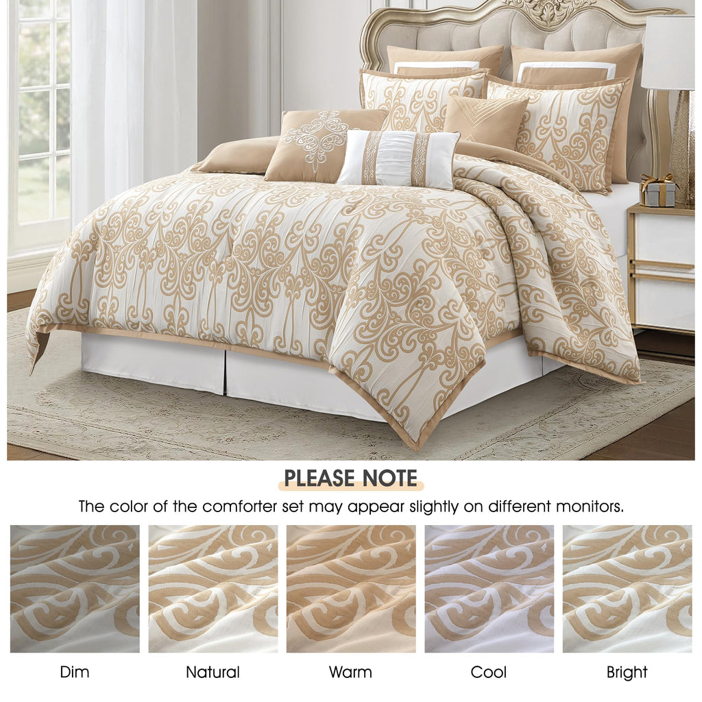 9 Piece Beige Gold Comforter Set, Luxury Jacquard Woven with Modern Scroll Design, Bed in a Bag for
