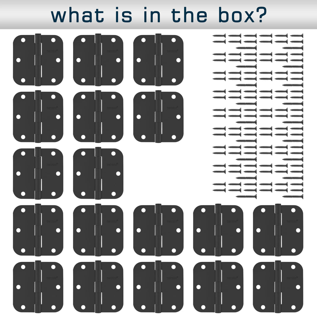 18 Pack Matte Black Door Hinges 3.5 Inch, 5/8" Radius Rounded, Standard Residential for Doors 3 1⁄2", Sturdy Hinges