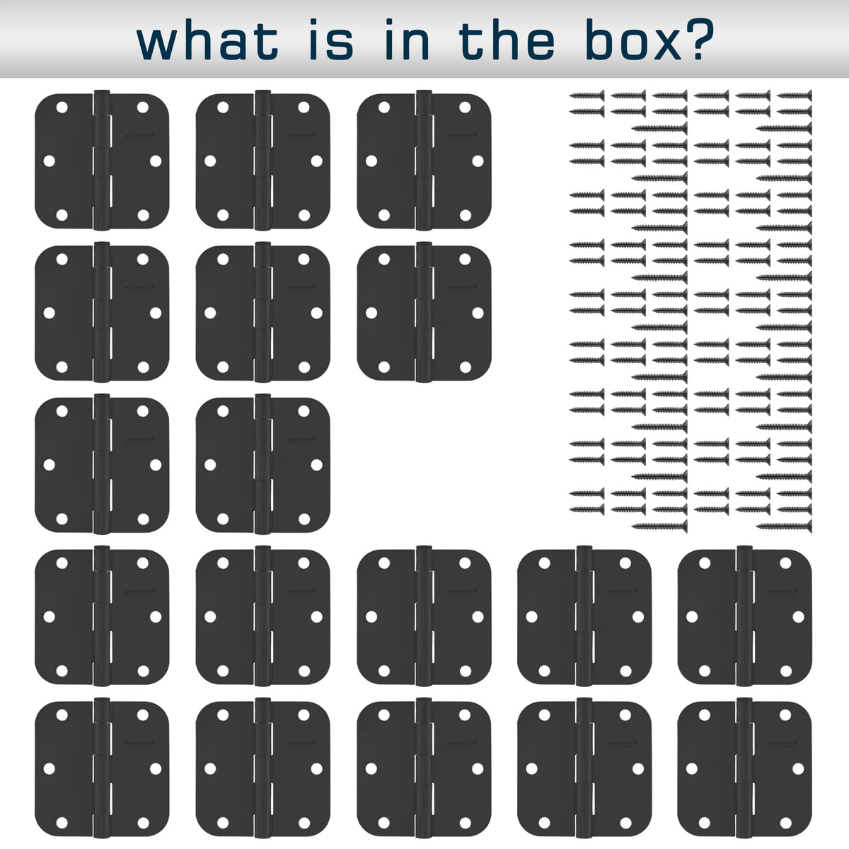 18 Pack Matte Black Door Hinges 3.5 Inch, 5/8" Radius Rounded, Standard Residential for Doors 3 1⁄2", Sturdy Hinges