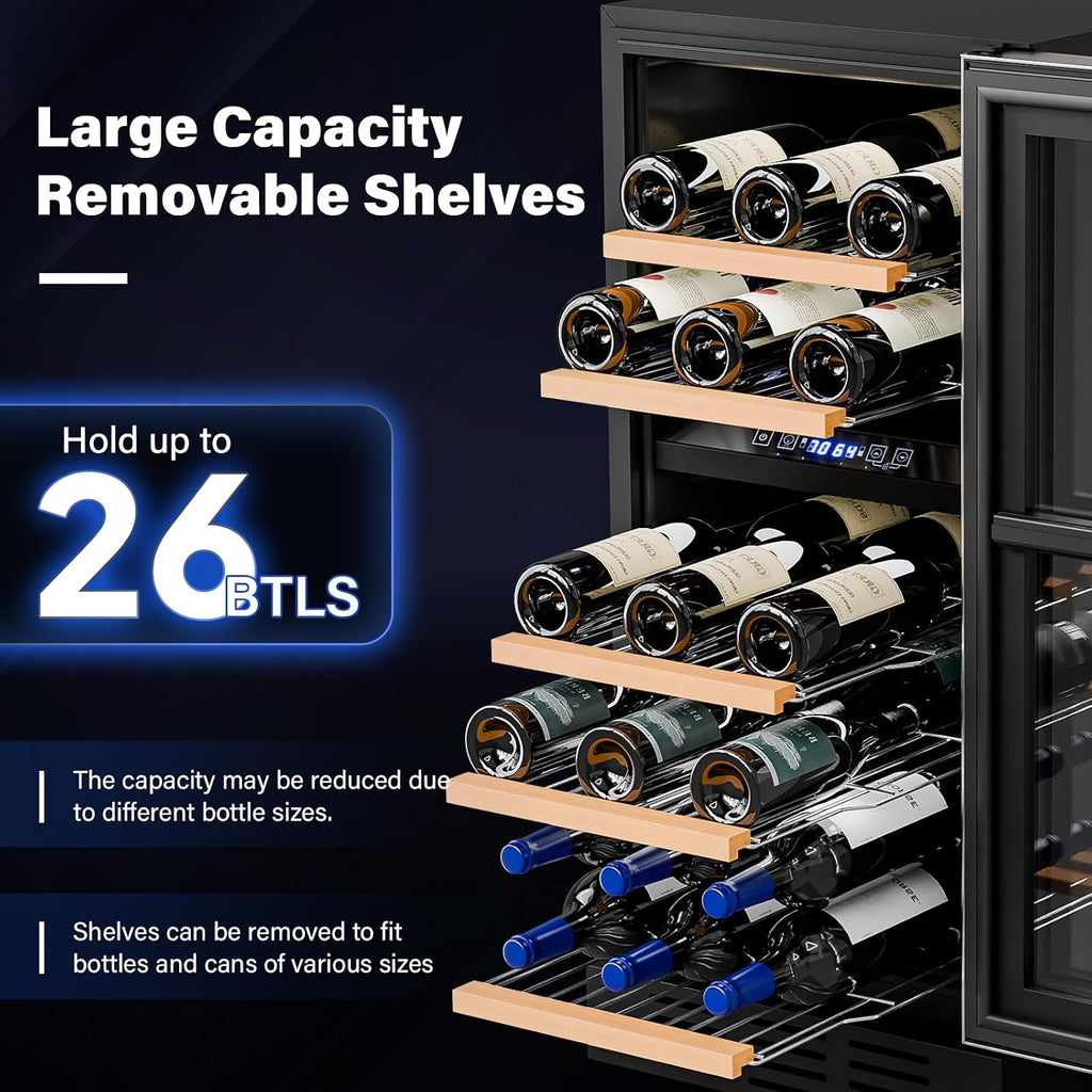 26 Bottle Wine Fridge, Dual Zone Wine & Beverage Refrigerator w/Independent Temp & LED Control Panel, Built
