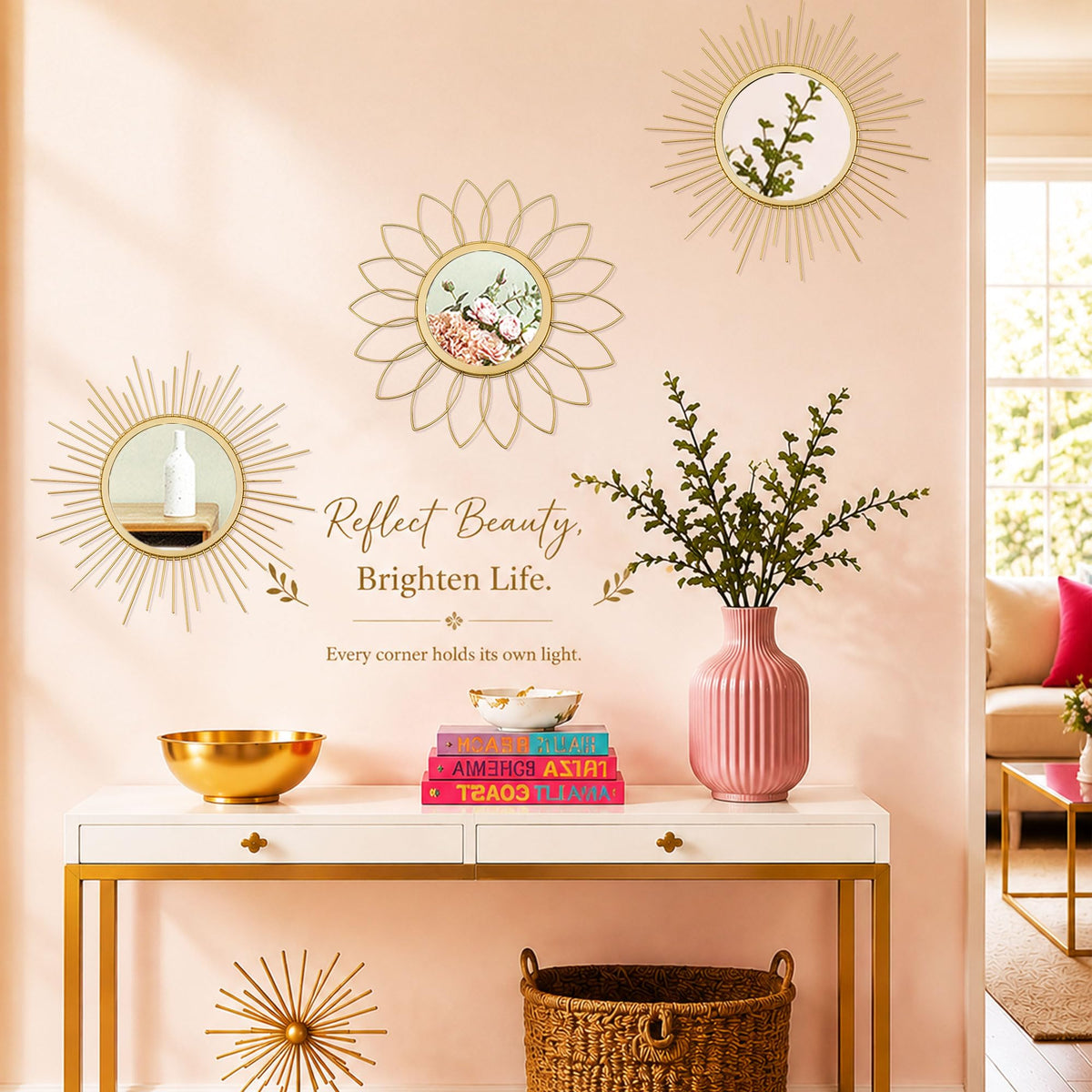 3 Pack Metal Mirrors for Wall Gold Sunburst Wall Mirror Home Decor Accent