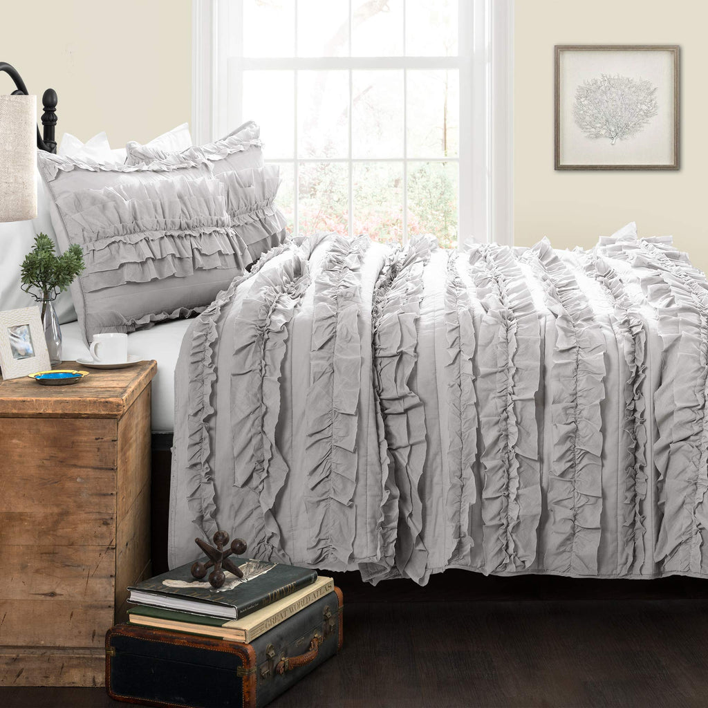 Belle Quilt 3 Piece Set Light Grey - Ruffle Bedding Set - Cute Quilt