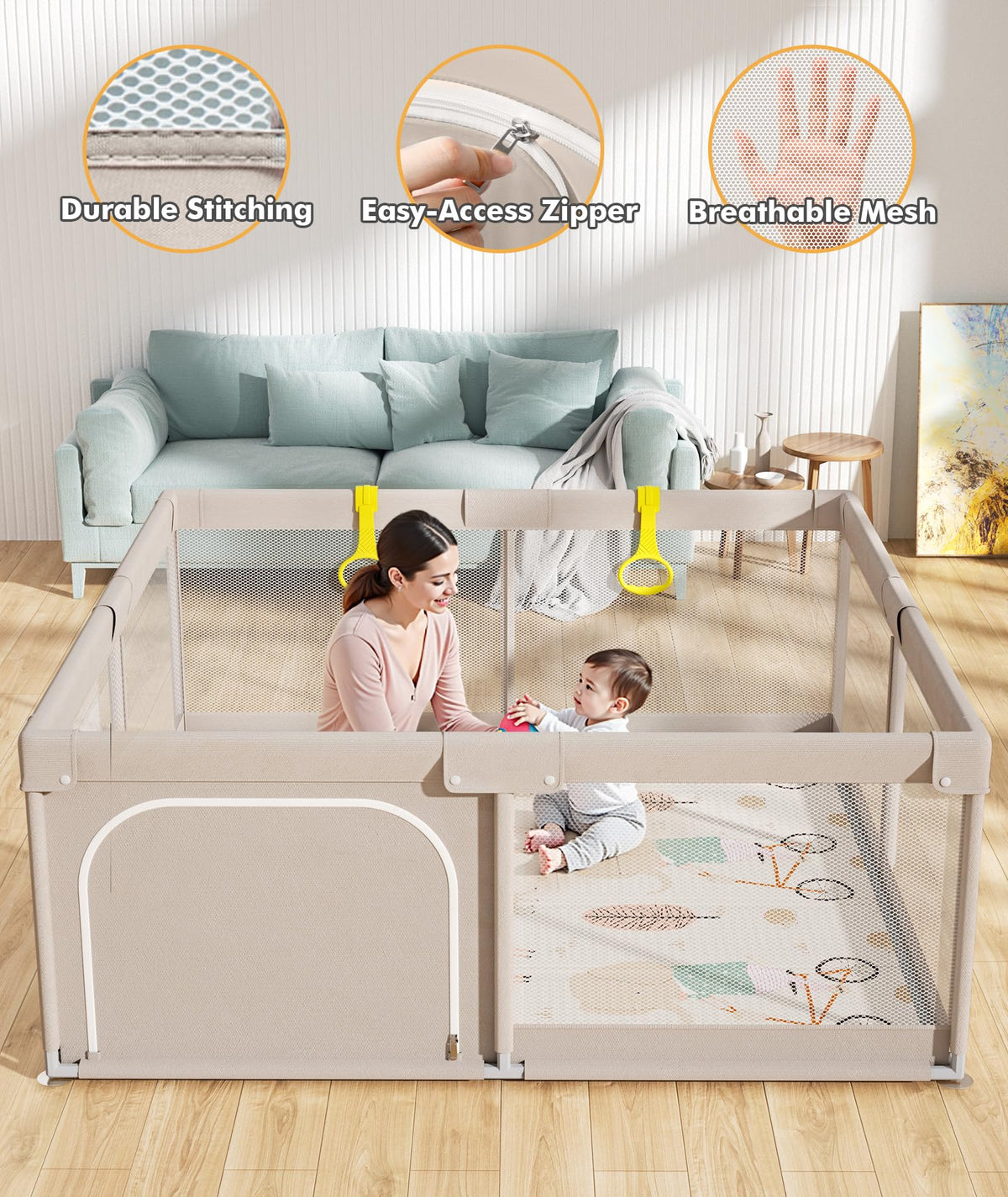 Baby Playpen with Mat, 59x59in Playpen for Babies and Toddlers, Grey