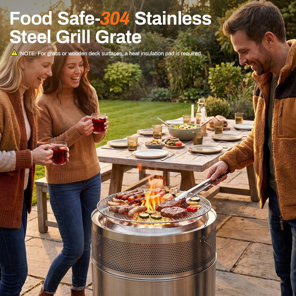19.7" Stainless Steel Smokeless Fire Pit with Grill Grate