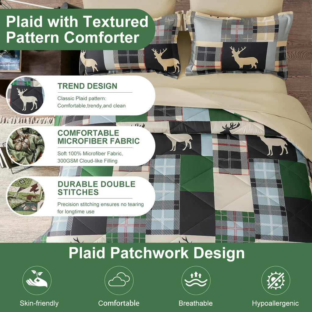 Comforter Set Plaid Patchwork Comforter Bedding-7 Piece Bed in a Bag, Rustic Soft Reversible Microfiber