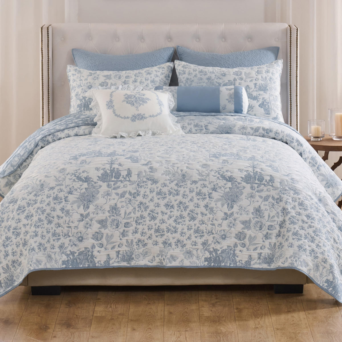Patchwork Toile Collection Coverlet Set, 3-Piece, Blue
