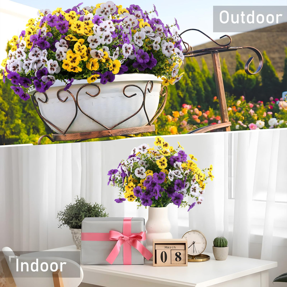 18 Pcs Artificial Fake Pansy Flowers for Outdoor, Faux Silk Pansies Spring Flowers for Outside for Planter Front Door
