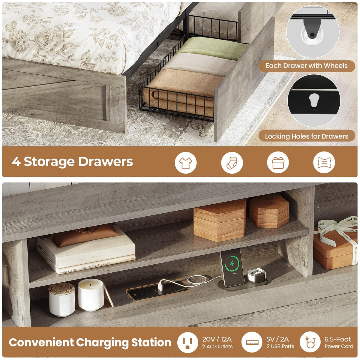 Farmhouse Bed Frame with 4 Storage Drawers and Led Lights, Wooden Bed Frame with Hidden Space
