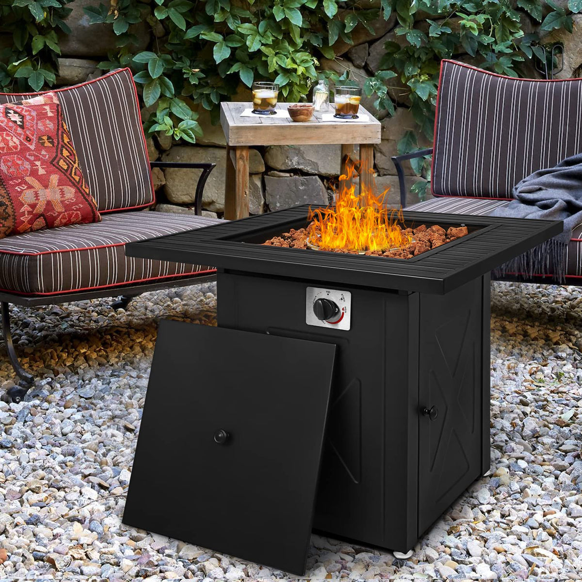 28 in Square Propane Fire Pits Table, 50000 BTU Outside Dinning Propane Outdoor Fire Pit Table Top with Lid, Deck