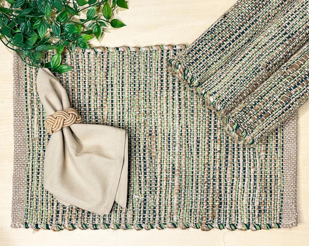 Natural Jute & Green Placemats, Set of 4 - Rustic Handmade Boho Table Mats, 13x19 Inch Dining Table Placemats
