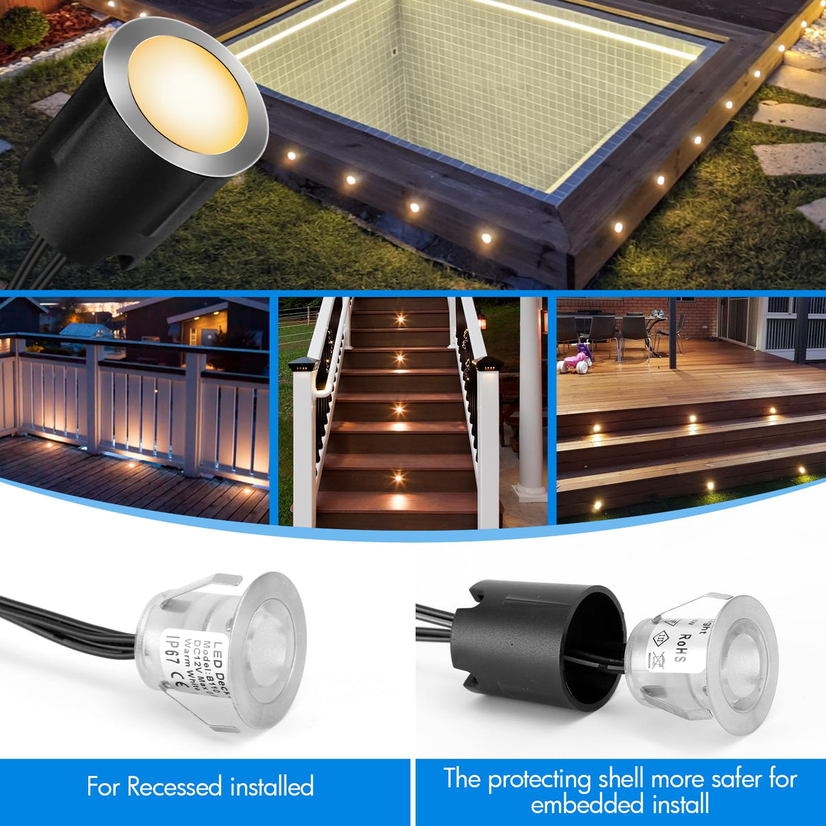 16 Pack LED Recessed Deck Lights with Protecting Shell, IP68 Waterproof Warm White, 0.6W, Outdoor Landscape