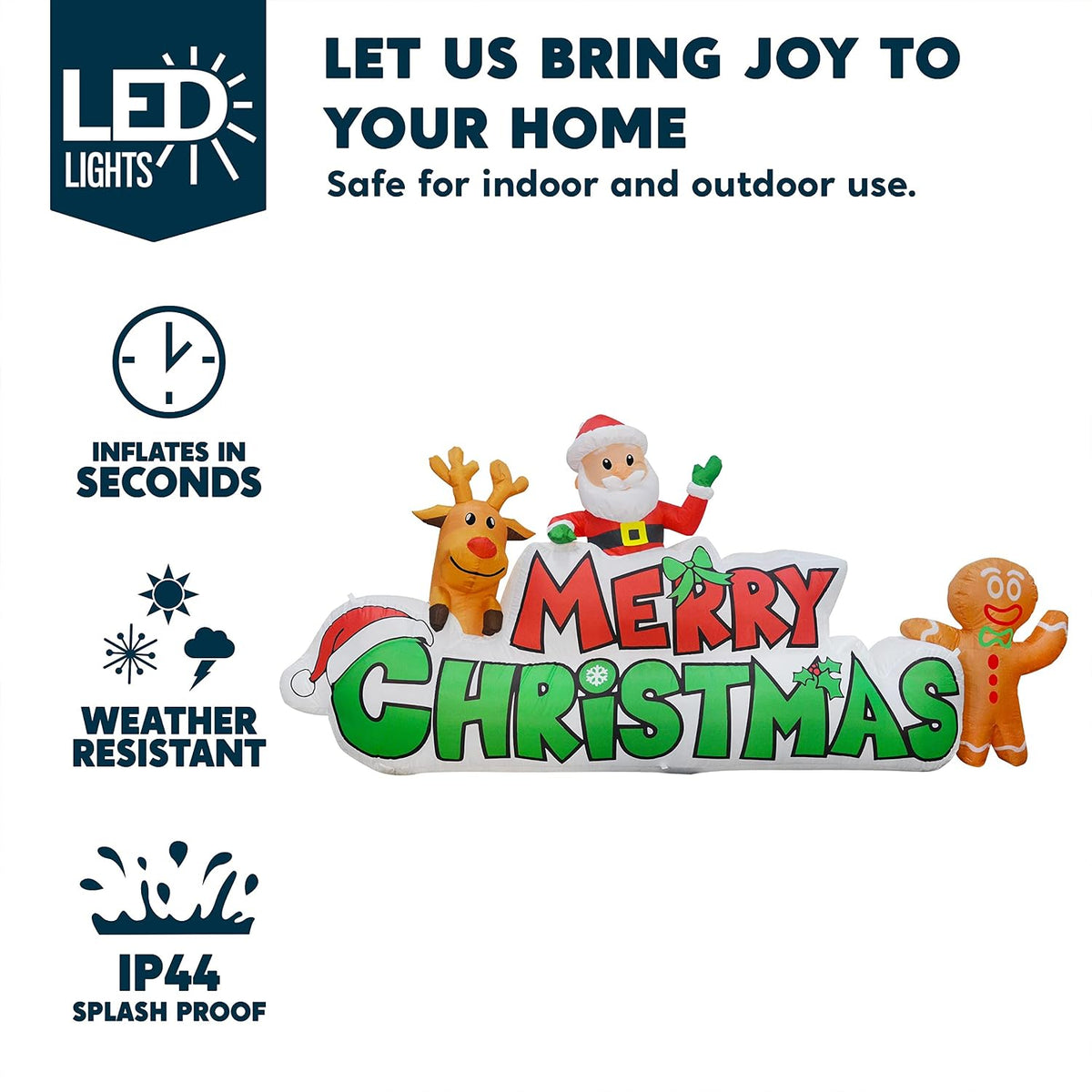 9.5 FT Christmas Inflatable Merry Christmas Sign with Santa, Reindeer & Gingerbread Man - Built-in LEDs, Outdoor Yard