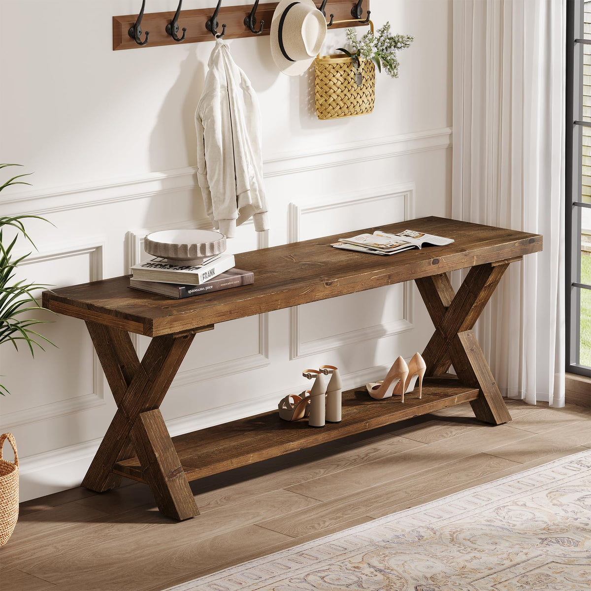 43.3" Solid Wood Bench, Farmhouse Wooden Entryway Bench with Storage Shelf, X-Shaped Leg Design, Entry Way Shoe