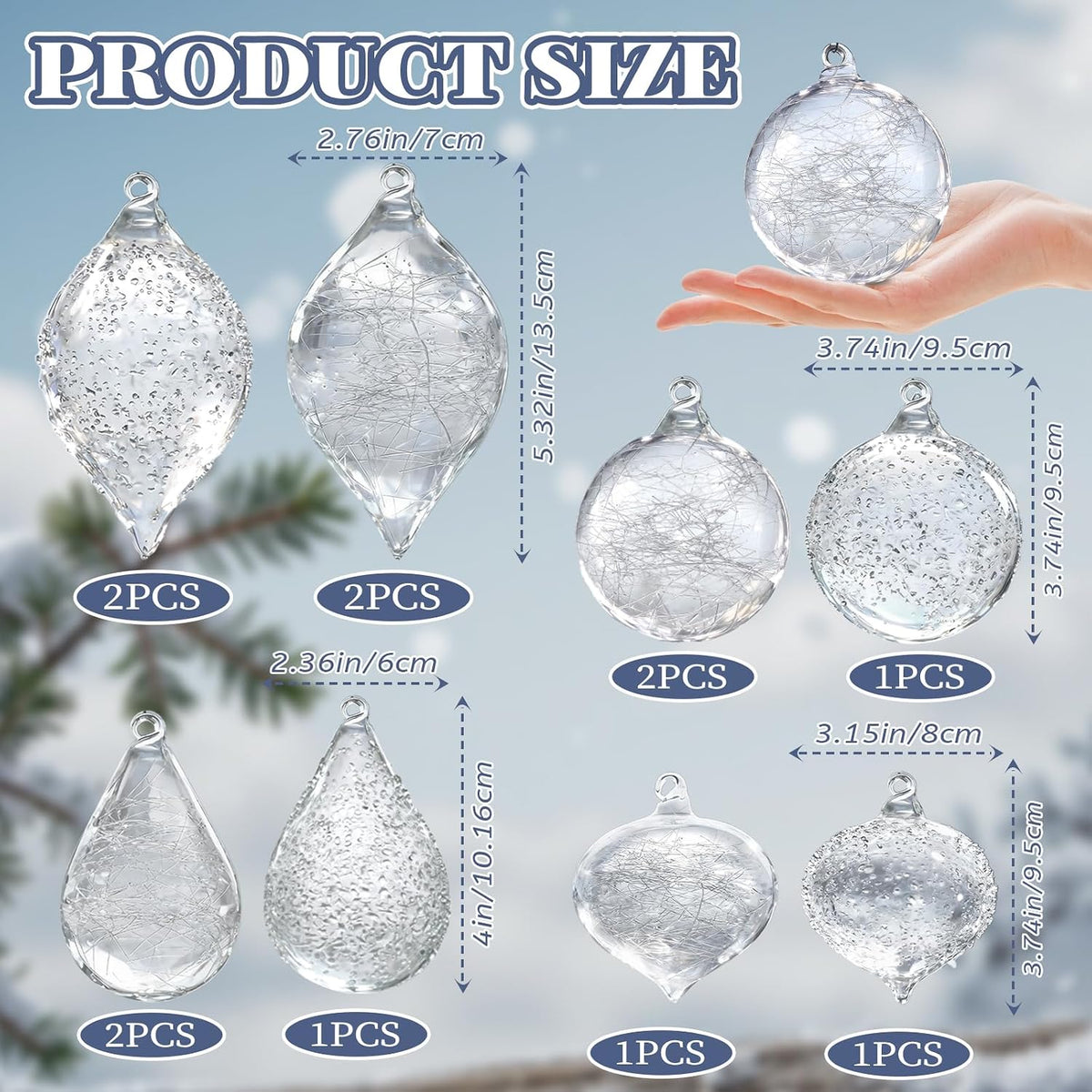 Clear Glass Christmas Ornaments,12-Pc Hand Blown Crystal Ball Decorations - Set of 12
