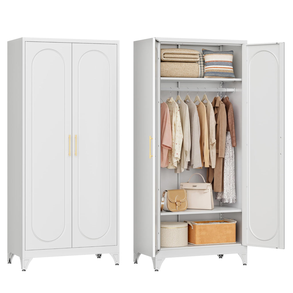 71" Tall Metal Bedroom Armoire, Wardrobe Closet with Doors, White