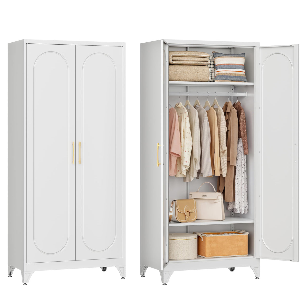 71" Tall Metal Bedroom Armoire, Wardrobe Closet with Doors, White