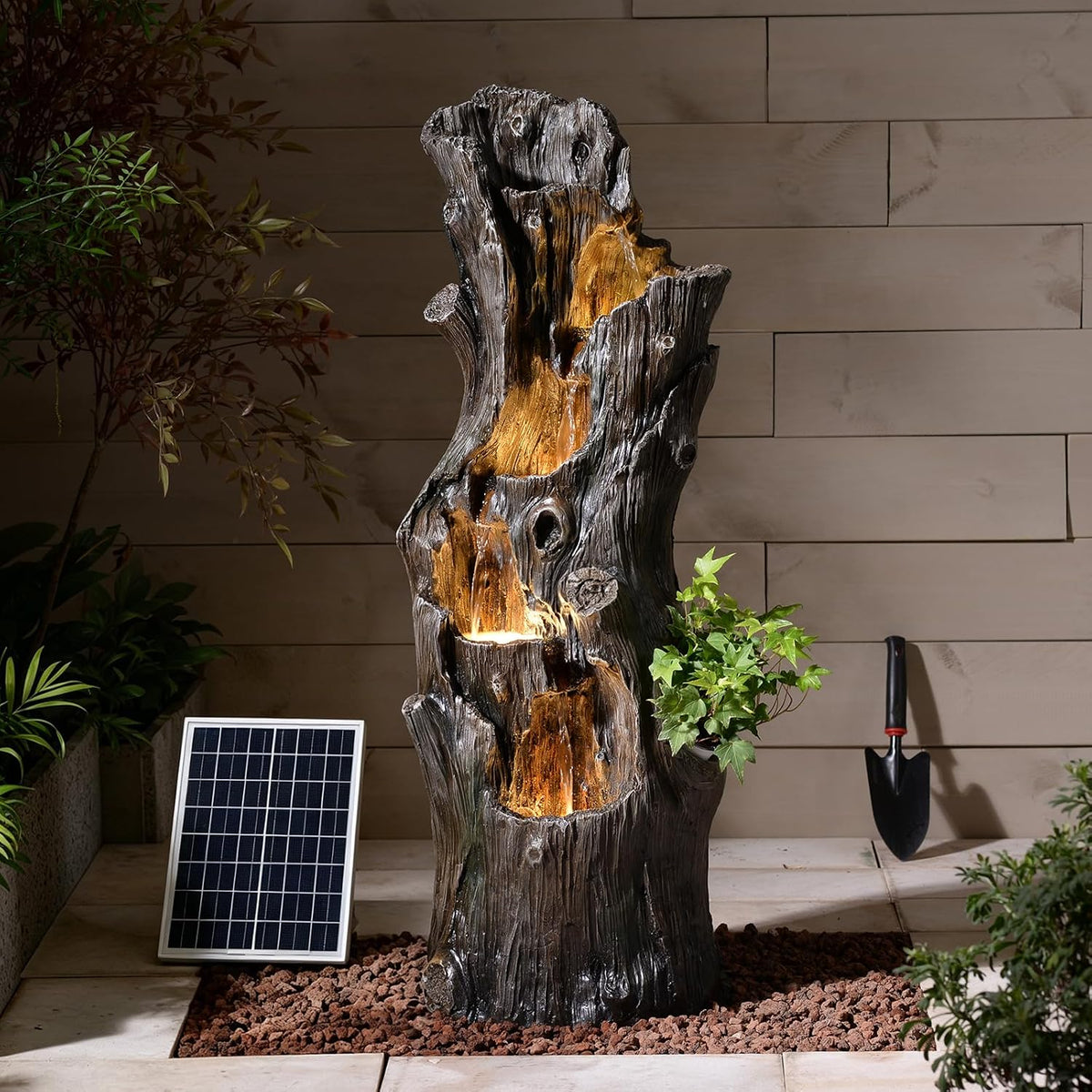 39.37" Tall Solar Water Fountain Outdoor Garden Faux Tree Stump | 5 Tier Solar Powered Water Fountains with LED