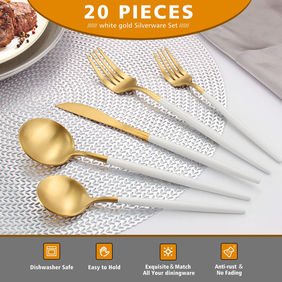Matte White Gold Silverware Set, 20pcs Stainless Steel Flatware Set