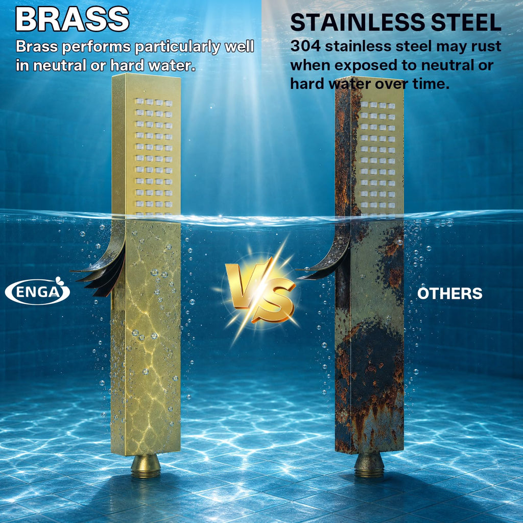 Square Brushed Gold Solid Brass Hand Held Shower Head With Wall Connector and Hose Wall Mount Handheld Showerheads Set