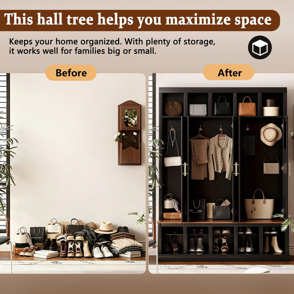 Hall Tree with Storage Cabinet, Shoe Rack and Display Cubbies