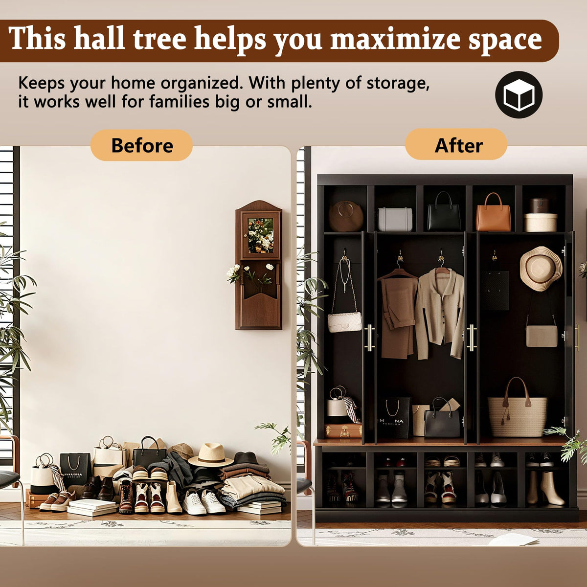 Hall Tree with Storage Cabinet, Shoe Rack and Display Cubbies
