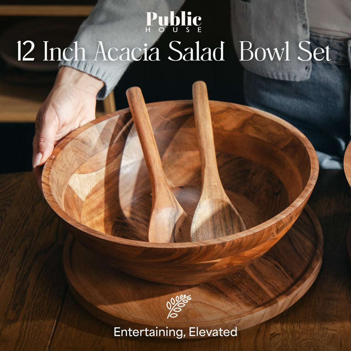 Large Wooden Salad Bowl Set 12.5 Inch with Serving Utensils, Tray Lid and Carry Strap. Acacia Wood Large Salad Bowls