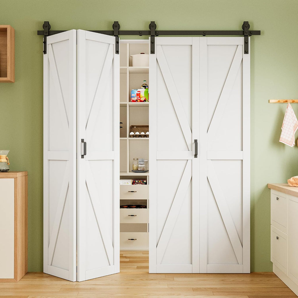 72" x 84" Pre-Assembled Solid Core Panels Bifold Barn Door, White Primed Finish Folding Barn Door with Hardware Kit