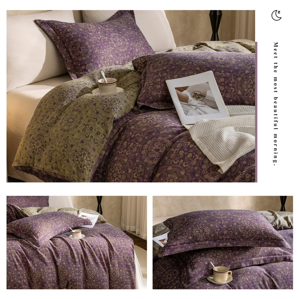 Purple Green Duvet Cover Queen, 3 Pieces Retro Boho Medallion Jacquard Flower Bedding Set, Linen Cotton Yarn-Dyed