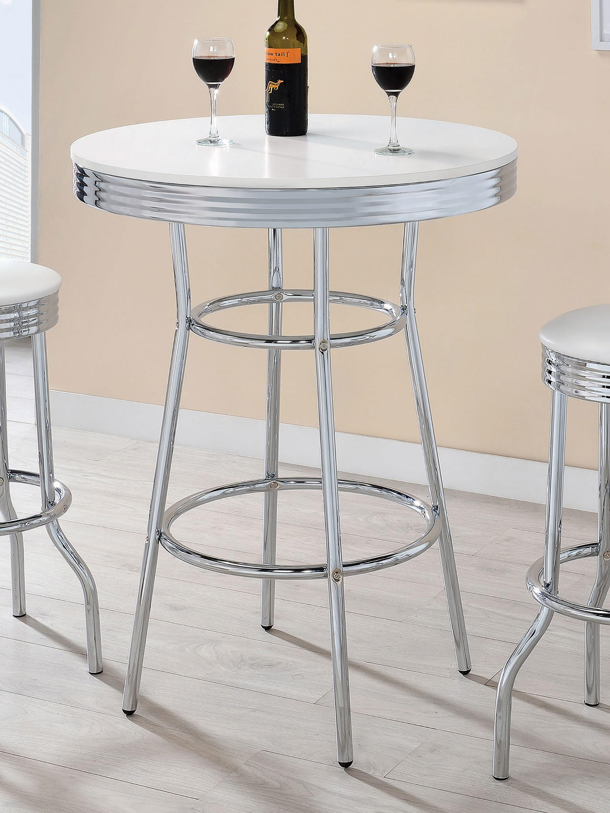 Retro 1950s Soda Fountain Diner Pub Height Game Room Bar Table White Laminate Top Sturdy Steel Chrome Base 2300
