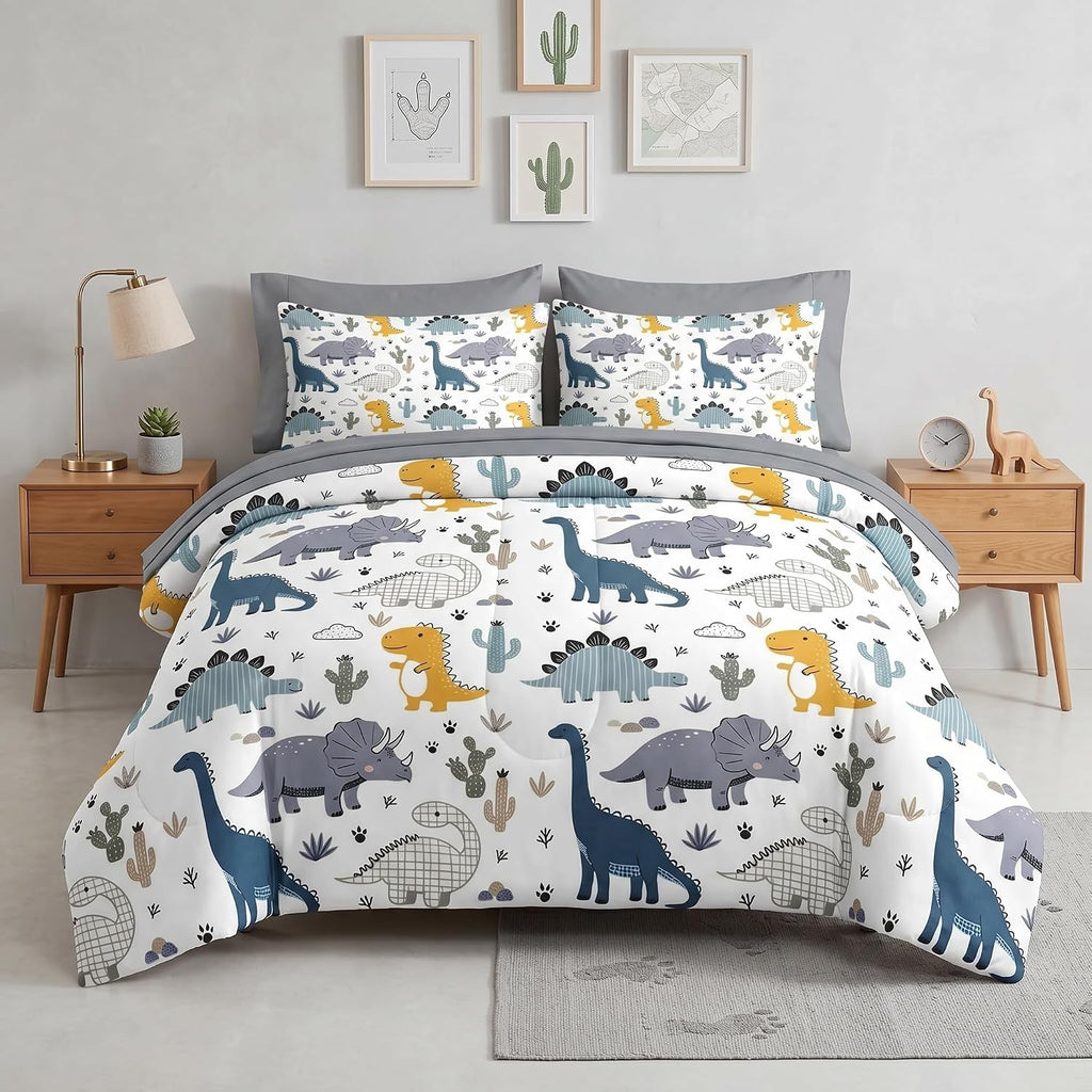 7 Pcs Comforter Set, Cute Dinosaur Dino Bedding for Kids Teen, Blue Yellow Dragon with Fitted Sheet 2
