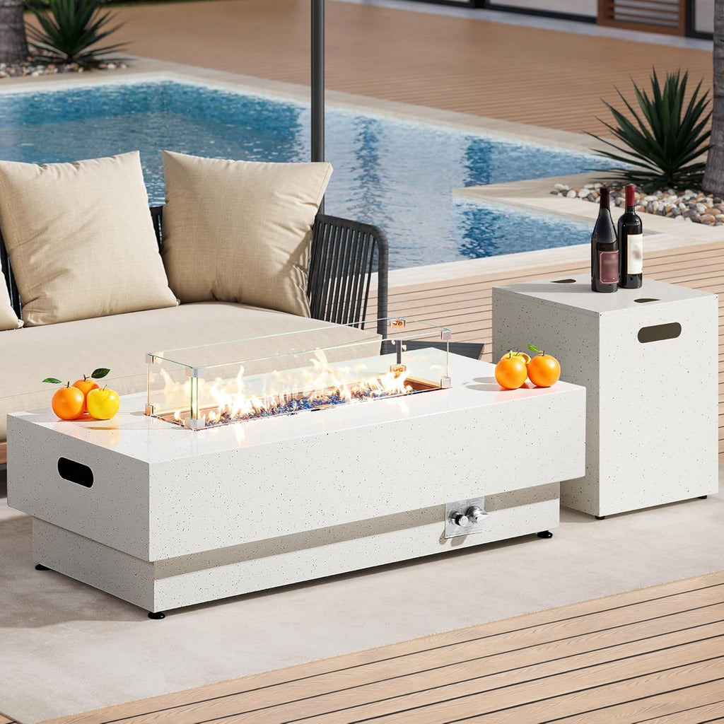 50-Inch Outdoor Propane Fire Pit Table w Tank Table, CSA Certified, Rectangular Patio Fire Pit w Glass Rocks, Wind Guard and Cover, 58000 BTU 2 in 1