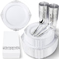 350Pcs Silver Plastic Plates, Plastic Dinnerware Set for 50 Guests