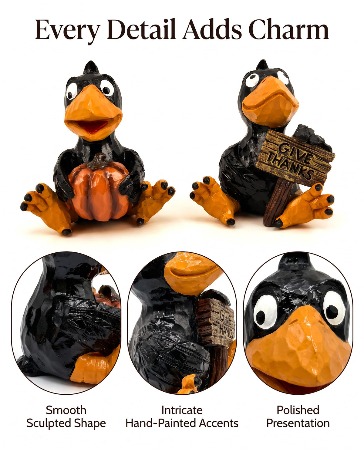 Set of 2 Thanksgiving Crow Figurines, Resin Fall Tabletop Decor with Pumpkin and Give Thanks Sign, Black Bird Shelf
